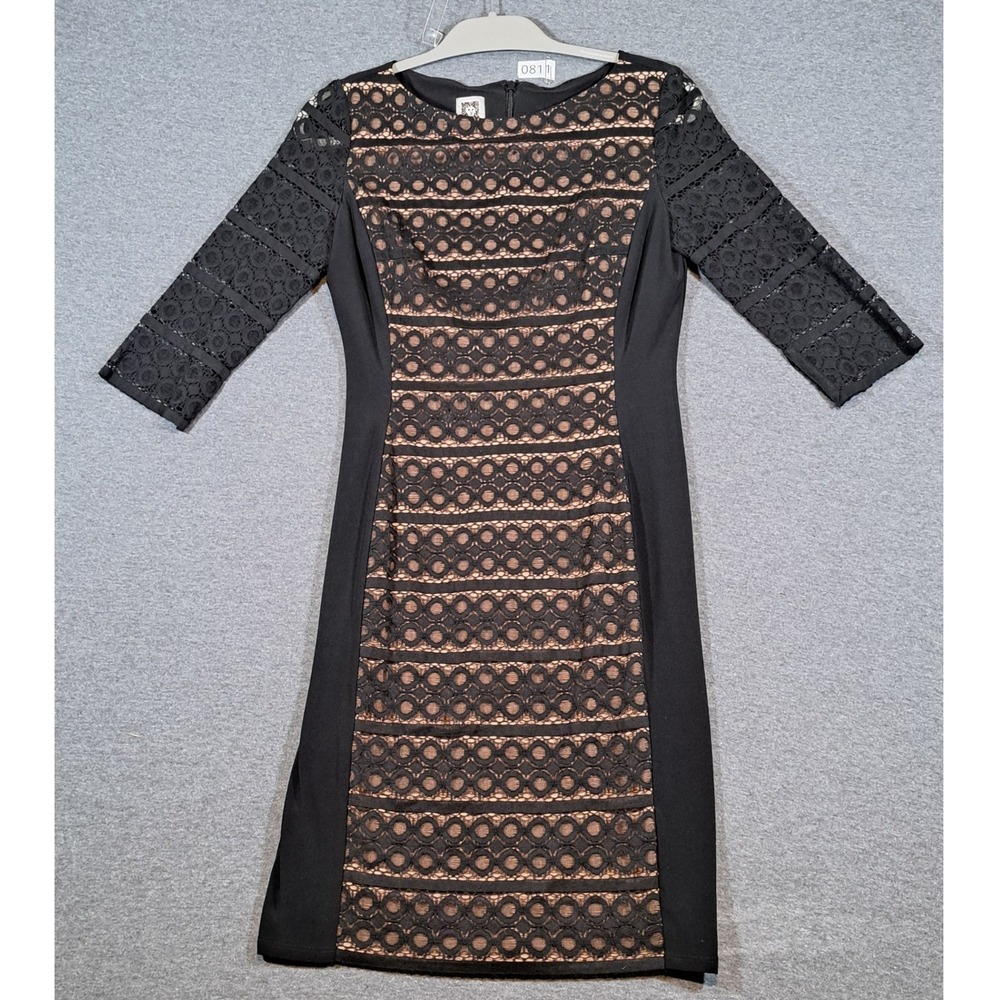 Anne Klein Womens Black Lace Sheath Dress 3/4 Sleeve Tan Lining Size 6